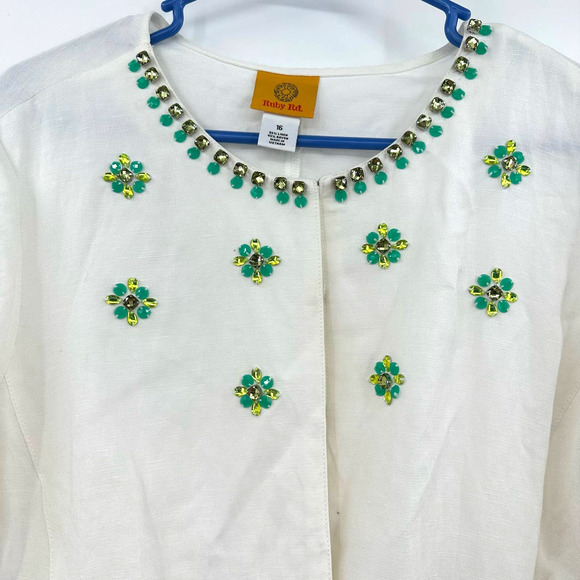 Ruby Rd size 16 linen blend white‎ light weight jacket embellished front - Picture 3 of 6